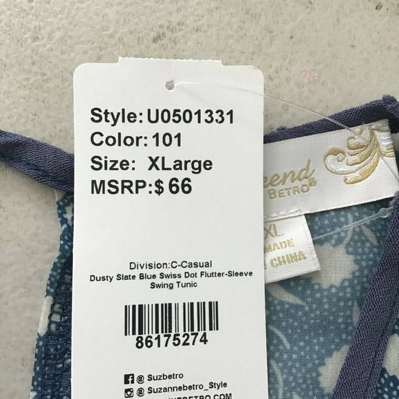 Suzanne Betro Weekend Womens Navy Floral Ruffle Sleeve Round Neck Blouse Size XL - Picture 11 of 11